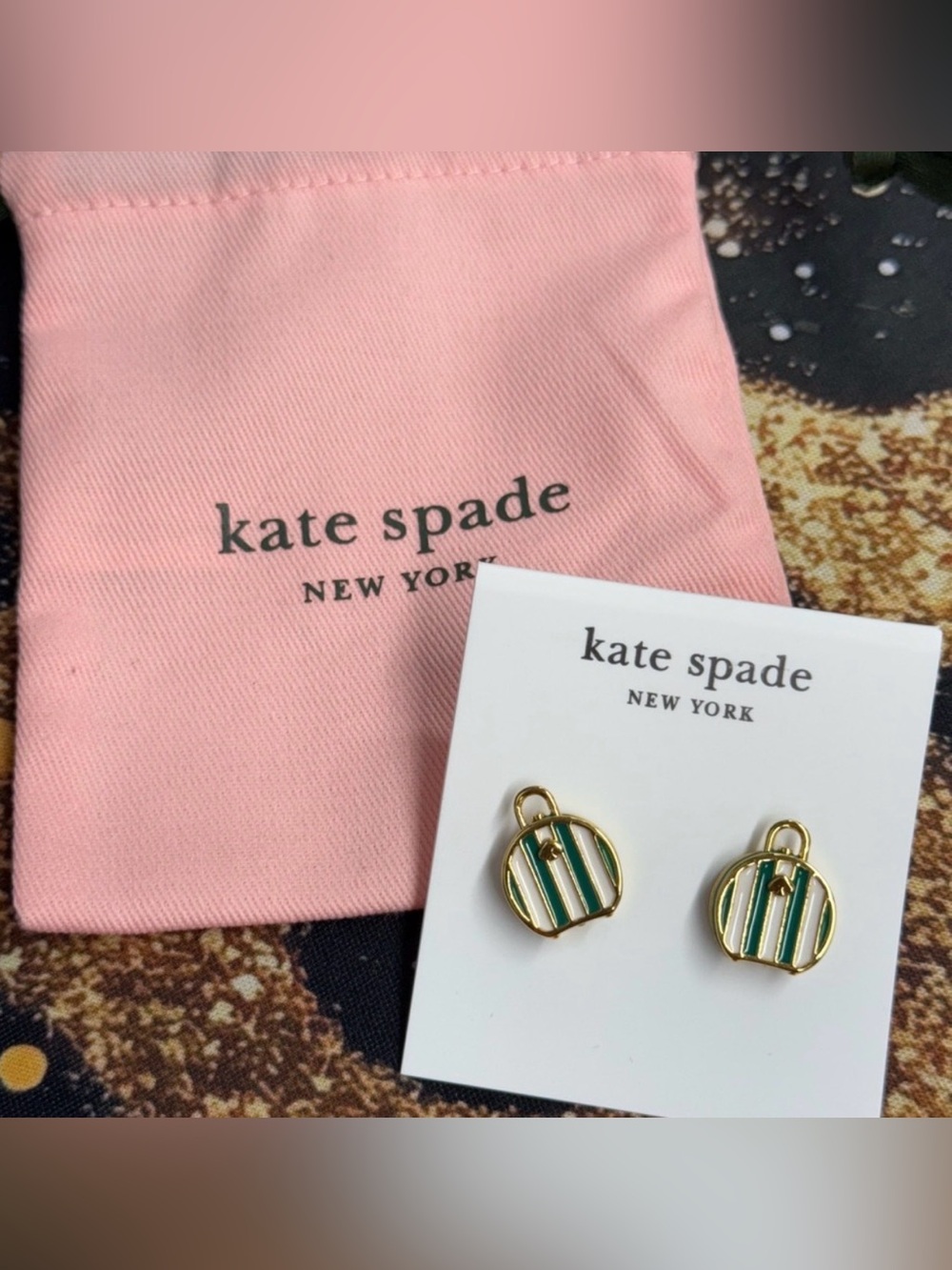 kate spade New York Green & White Striped Charm Earrings-NEW - Picture 2 of 4